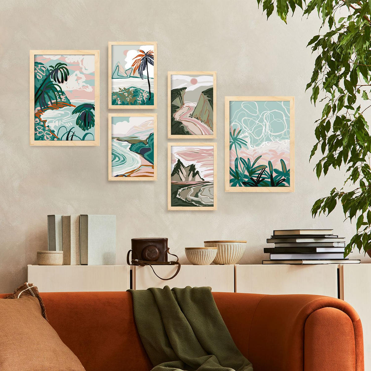 POSTER Set Mit 6 Seashores Frames 1 In Kulissen Abstracts Ästhetische Dekorative Gemälde Für Ihr Wohnzimmer Zuhause A3 & A4 Rahmen Aus Hellem Holz - Beige, Papier (29/3cm) - Nacnic