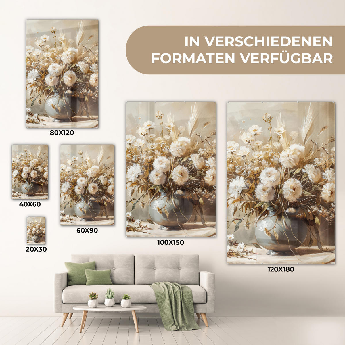 ACRYLGLASBILD Blumen - Vase - Stilleben - Beige 40x60 cm - Creme, Glas (40/60cm) - MuchoWow