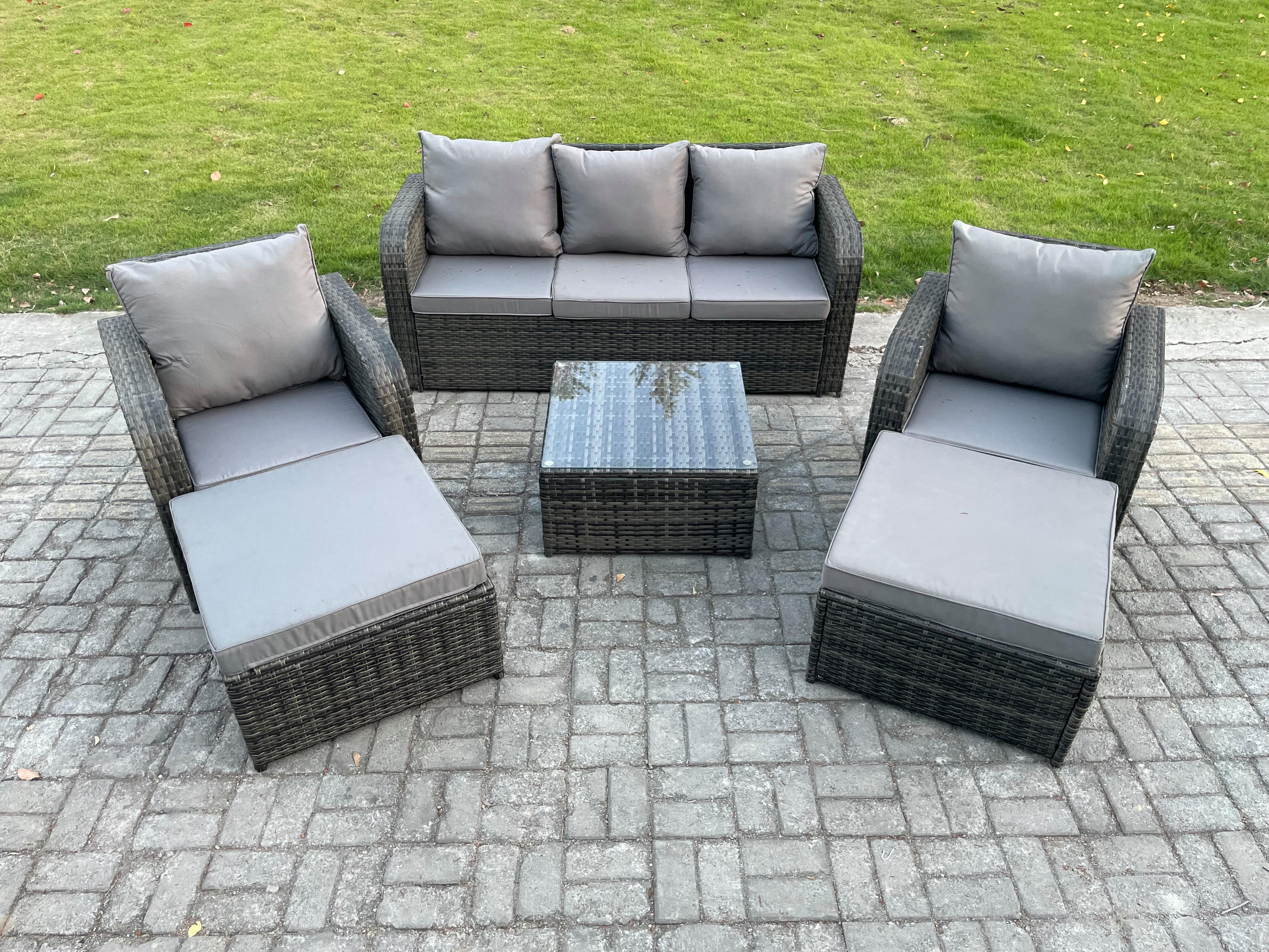 GARTENMÖBEL SET mit 3-SITZER SOFA Polyrattan Dunkelgrau 7-Sitzer - Dunkelgrau/Grau, Glas/Kunststoff - Fimous