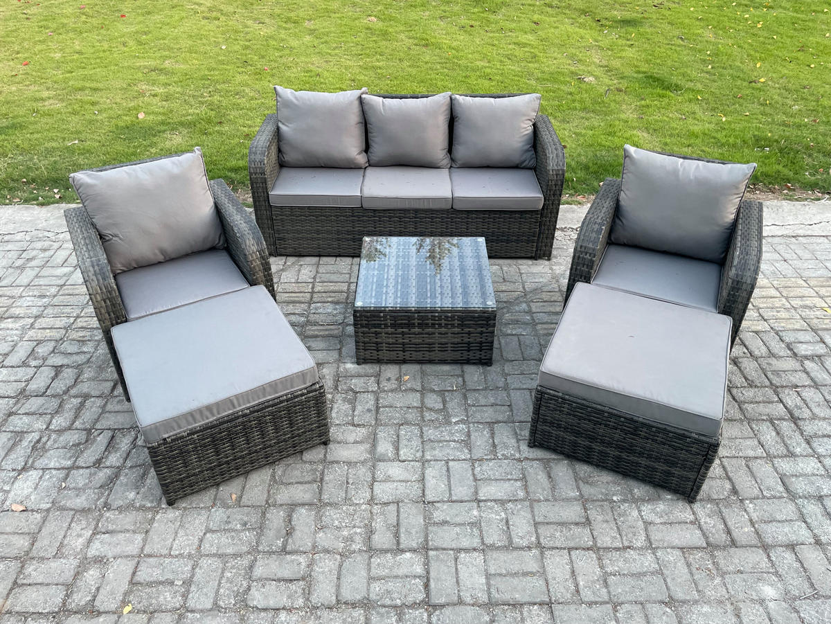 GARTENMÖBEL SET mit 3-SITZER SOFA Polyrattan Dunkelgrau 7-Sitzer - Dunkelgrau/Grau, Glas/Kunststoff - Fimous