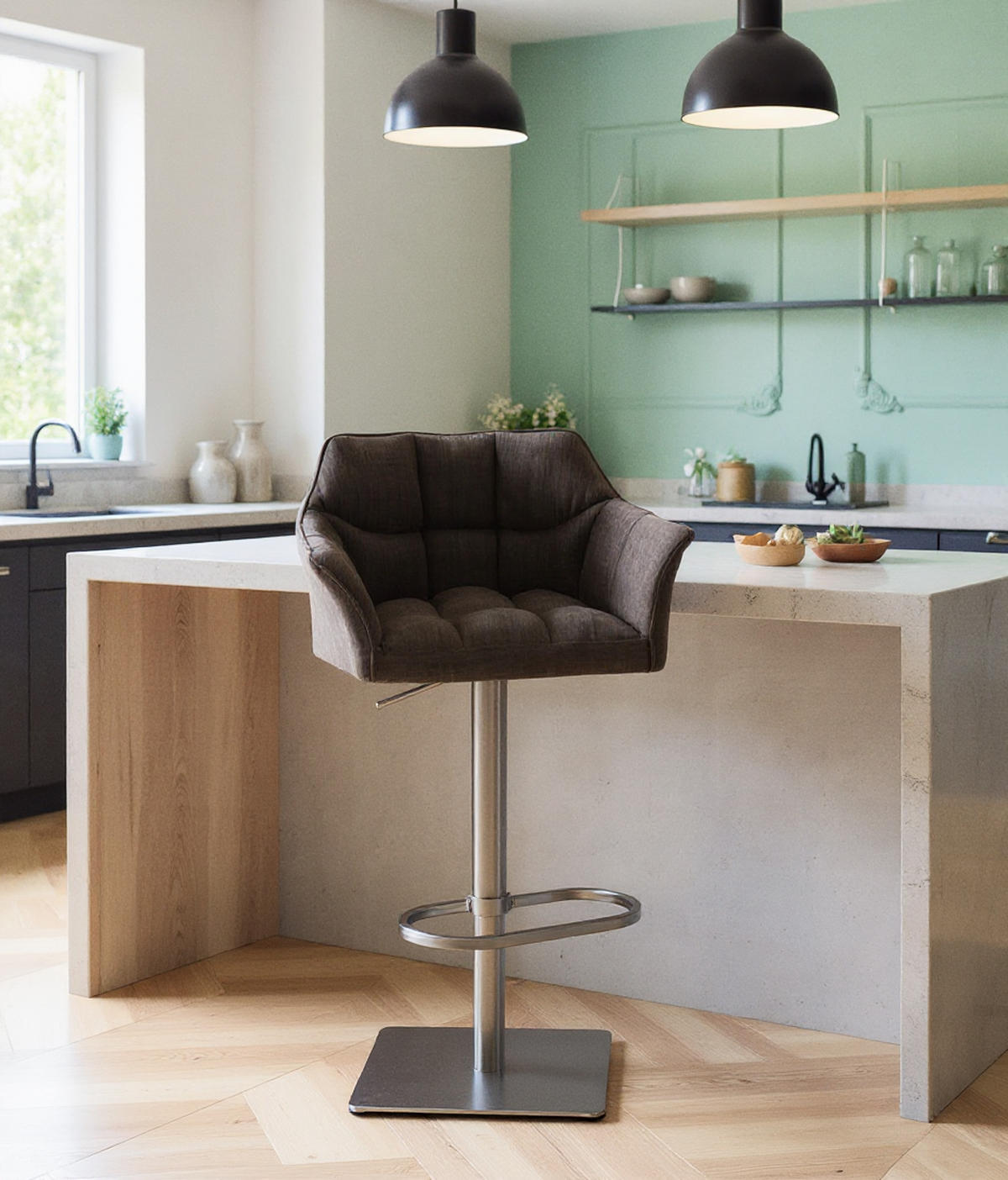 BARHOCKER 2er Set Damaskus Stoff edelstahl braun - Edelstahlfarben/Braun, Textil/Metall (64/110/48cm) - TPFLiving