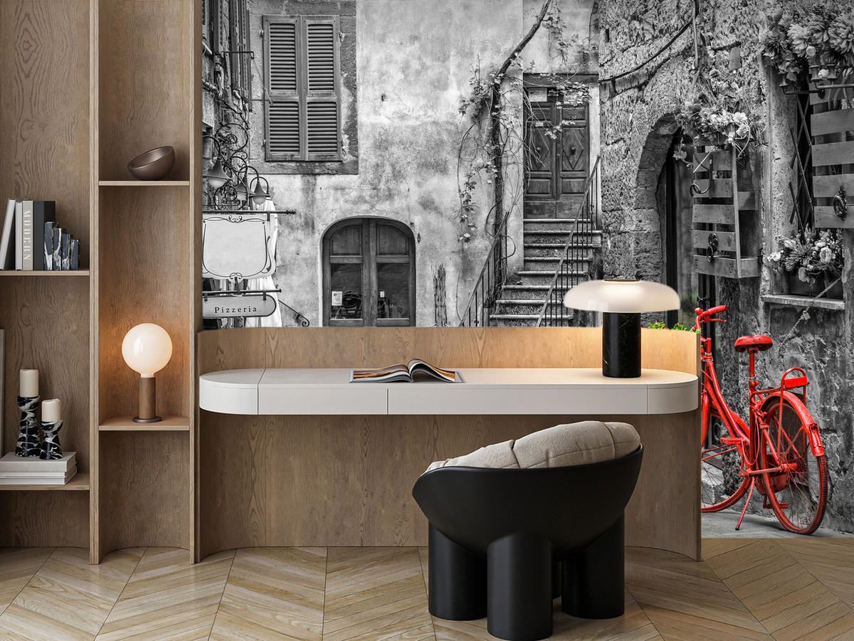 FOTOTAPETE für Wohnzimmer Italienische Gasse Rotes Fahrrad Toskana 150x105 - Rot/Schwarz, Papier (150/105cm) - Muralo