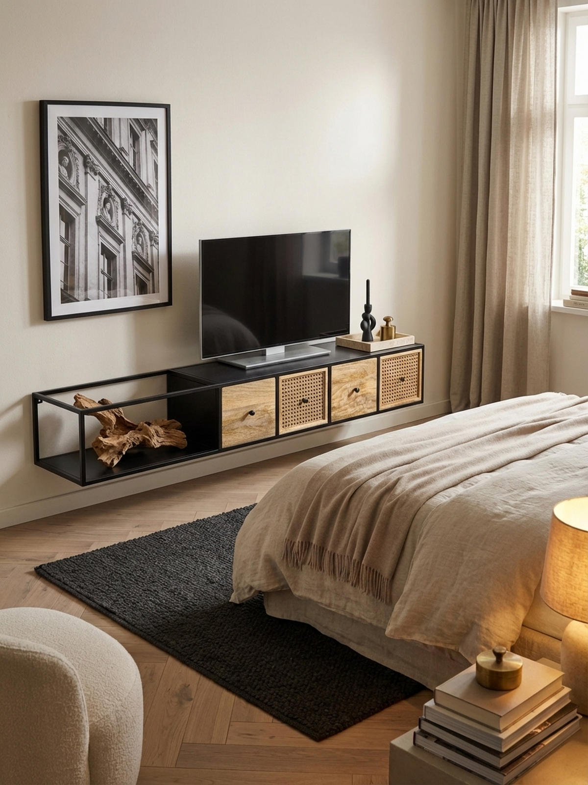 LOWBOARD Hängend Mango Massivholz Metall Modern Stil mit Schubladen und Rattan-Fronten - Schwarz, Holz/Metall (150/25/35cm) - KADIMA DESIGN