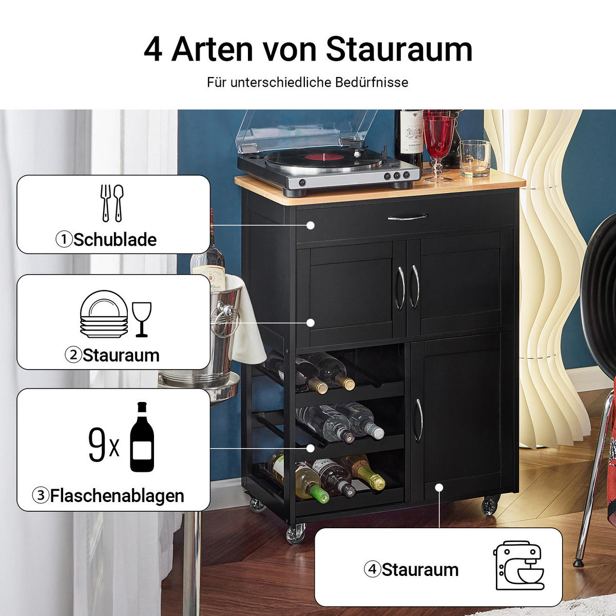 KÜCHENWAGEN Schwarz - Schwarz/Braun, Holzwerkstoff (67/87/38cm) - SoBuy
