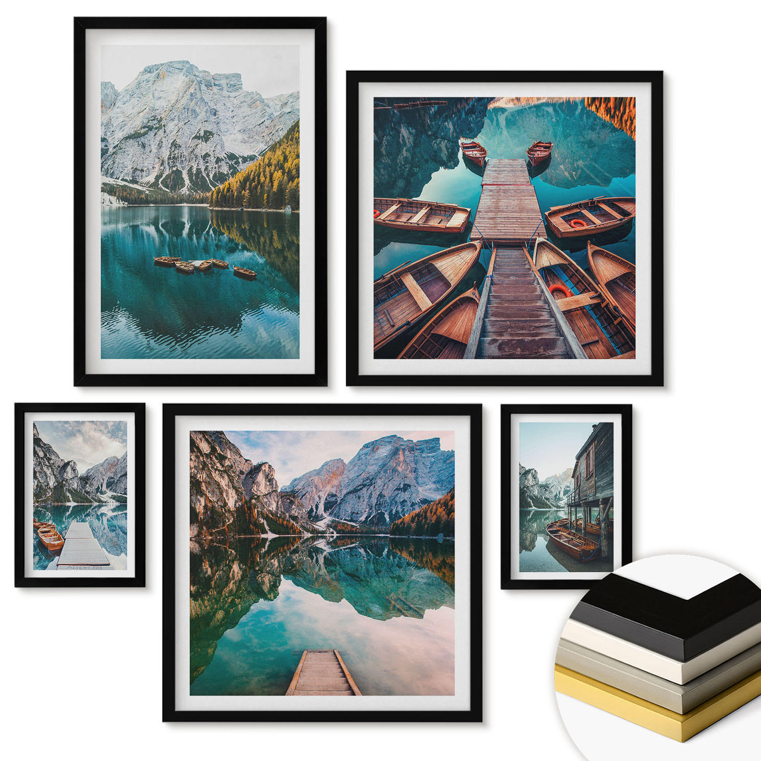 WANDBILDER 5er-Set - 50x50 cm & 20x30 cm & 40x60 cm Schwarzer Rahmen - Ansichten von Griechenland, Łódź, Häuser - Schwarz, Kunststoff (40/60cm) - ArtPrintCave