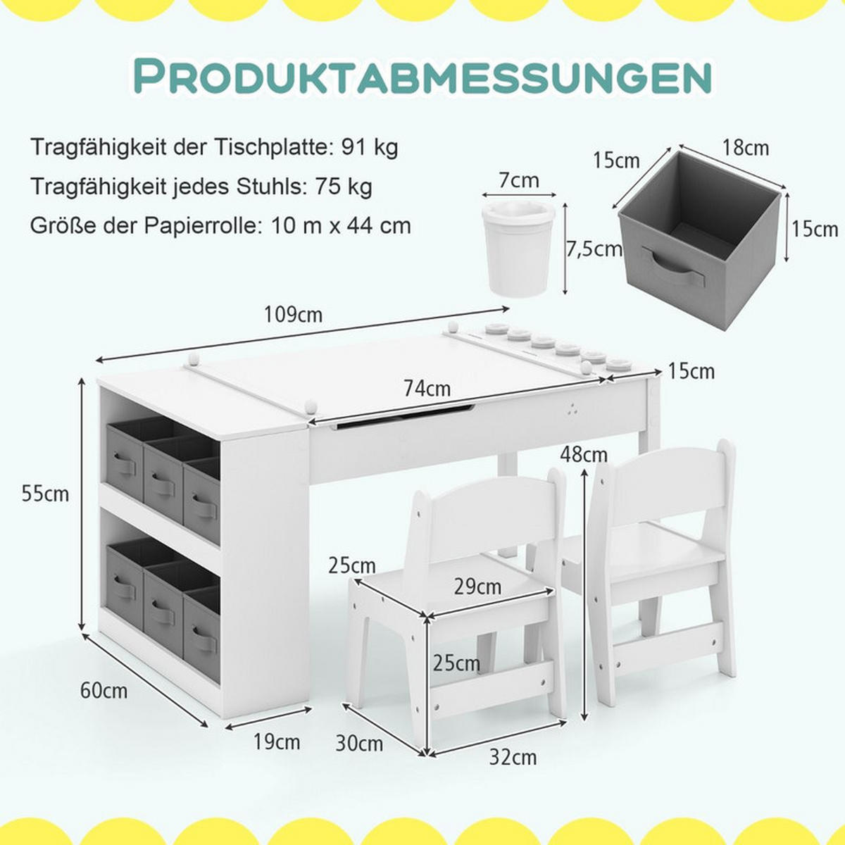 KINDERTISCH mit Stuhl weiß(3-tlg) - Weiß, Holzwerkstoff (109/55/60cm) - COSTWAY