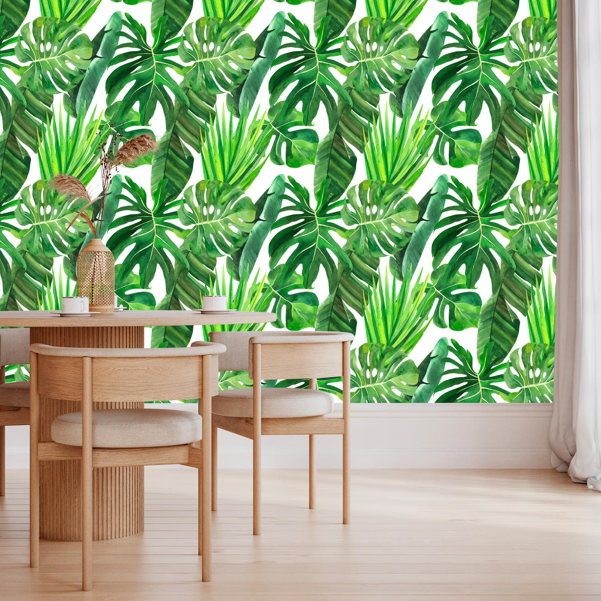 VLIESTAPETE Monstera und Bananenblätter – Grün, Weiß – 50x1000 cm - Weiß/Grün, Papier (50/1000cm) - Muralo