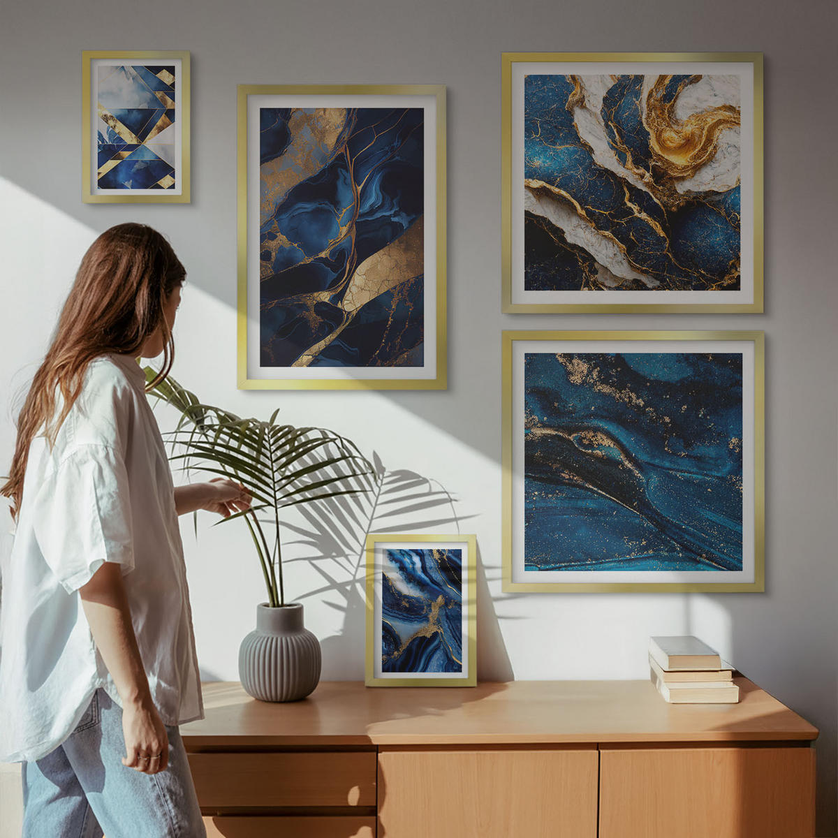 WANDBILDER 5er Set - 50x50 cm & 20x30 cm & 40x60 cm Goldrahmen - Abstrakte, elegante Muster - Goldfarben, Kunststoff (40/60cm) - ArtPrintCave