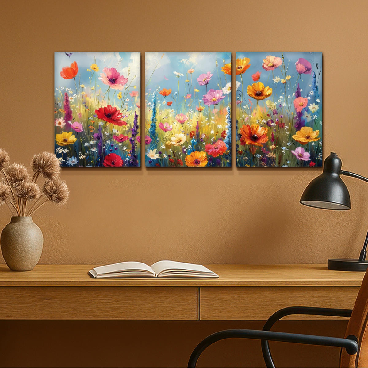 LEINWANDBILD 3er Set Blumen - Frühling - Farbenfroh - Sommerlich 90x40 cm - Orange, Textil (90/40cm) - MuchoWow