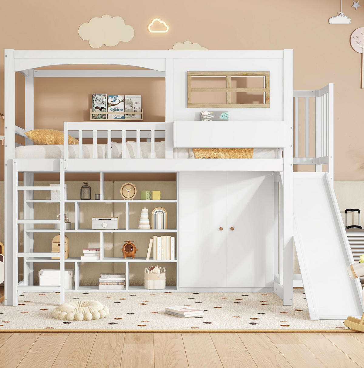 ETAGENBETT aus Kiefer, MDF und Sperrholz 90x200 cm Weiß/Natur mit Rutsche, Kleiderschrank und Regalen - Weiß, Holzwerkstoff (90/200cm) - Modfu