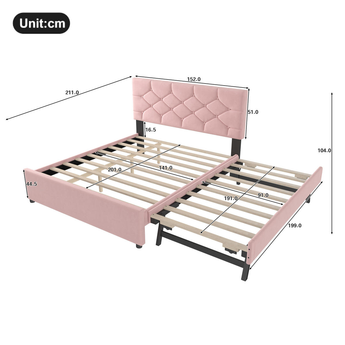 POLSTERBETT aus Samt 140x200 cm in Rosa mit Rollbett & Lattenrost - Rosa, Textil (140/200cm) - Modfu