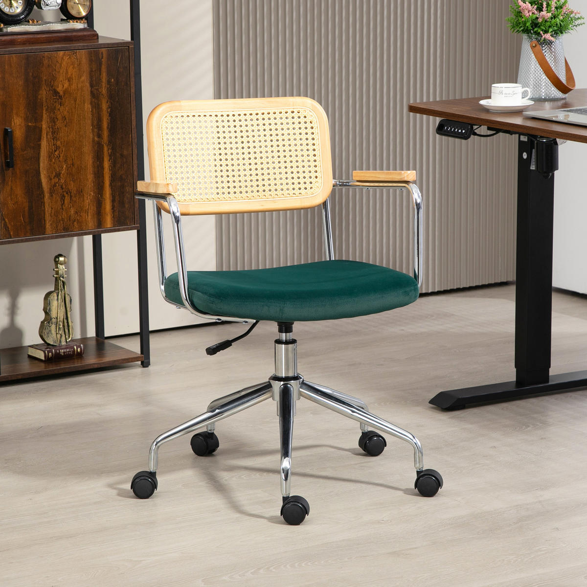 BÜROSTUHL, Boho-Design, Holzarmlehnen, drehbar, verstellbar, bis 120 kg, Stahl, Grün - Grün, Textil (58/94/65cm)