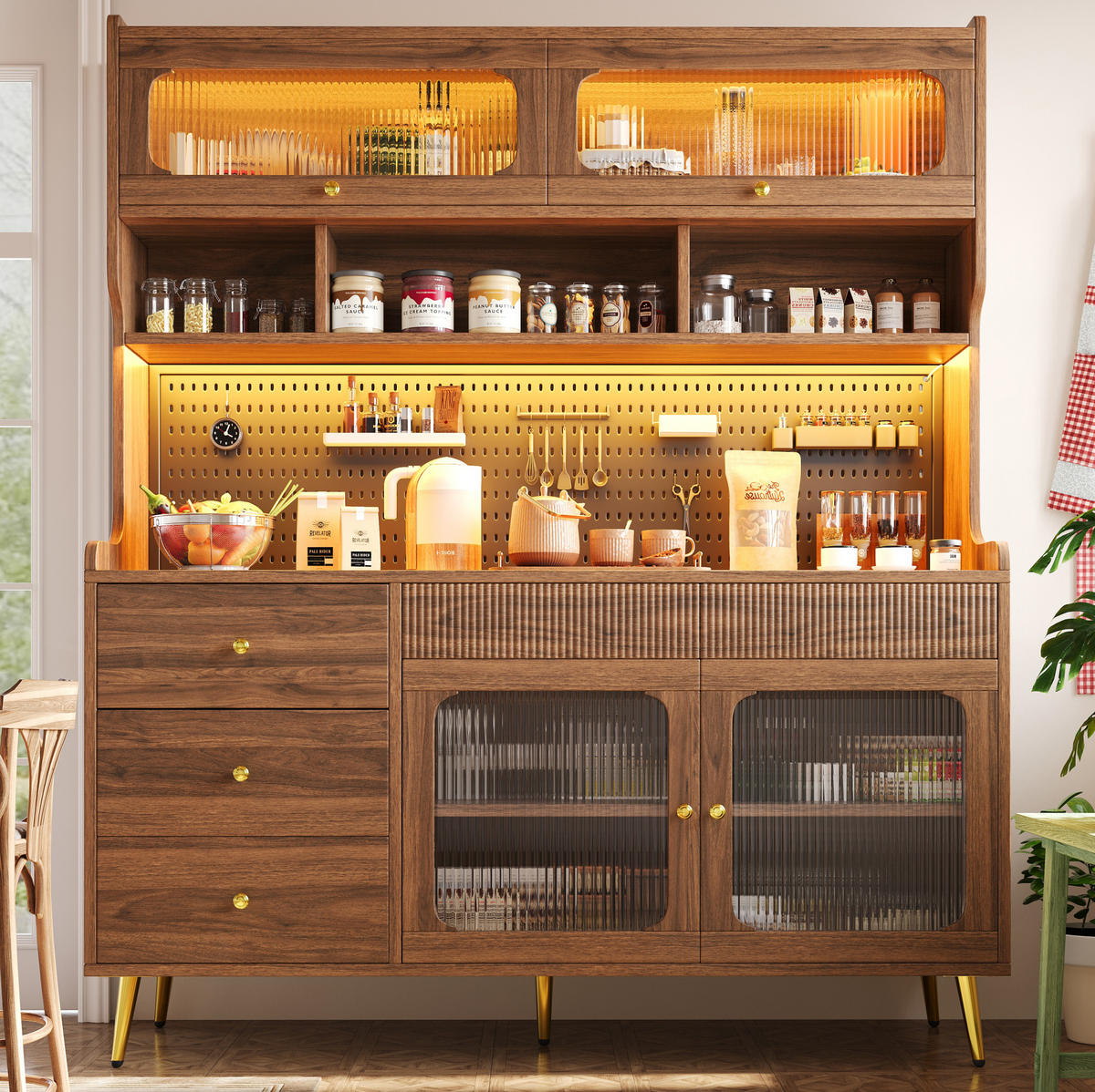 BUFFET 145/39/171 cm walnuss aus MDF und Glas mit LED - Walnussfarben, Holzwerkstoff (145/171/39cm) - OKWISH