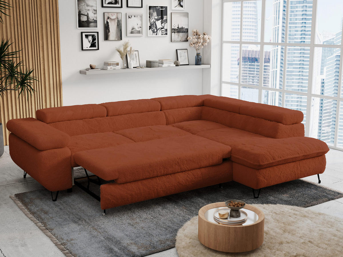 ECKSOFA PETER L Orange Plüsch - Rechts Seite - Schwarz/Orange, Textil/Metall (273/208cm) - MKS