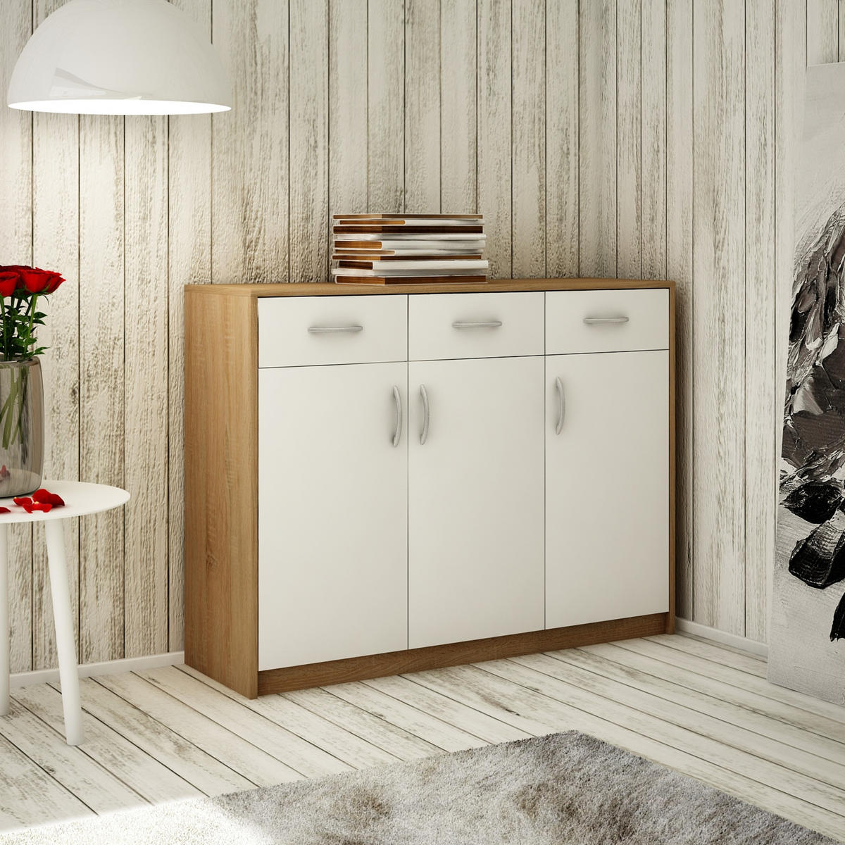 KOMMODE mit 3 Türen und 3 Schubladen - Eichefarben/Weiß, Holzwerkstoff (110/85/35cm) - Home Collective