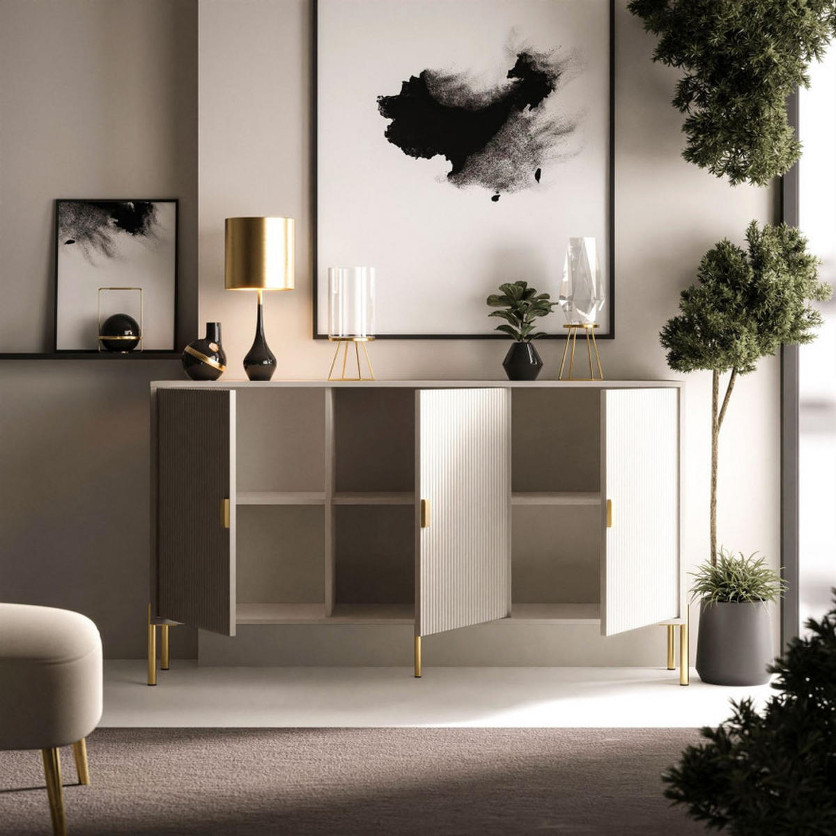 KOMMODE DALIA 3D - Kaschmir/Goldfarben, Holzwerkstoff (154/84/49cm) - Lookway