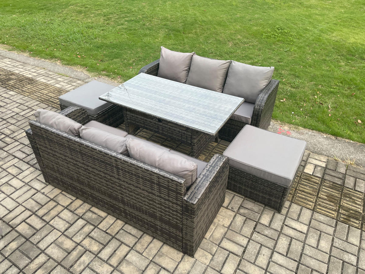 GARTENTISCHGRUPPE mit Beistelltisch,2 Hockern Polyrattan Dunkelgrau 8-Sitzer - Dunkelgrau/Grau, Glas/Kunststoff - Fimous