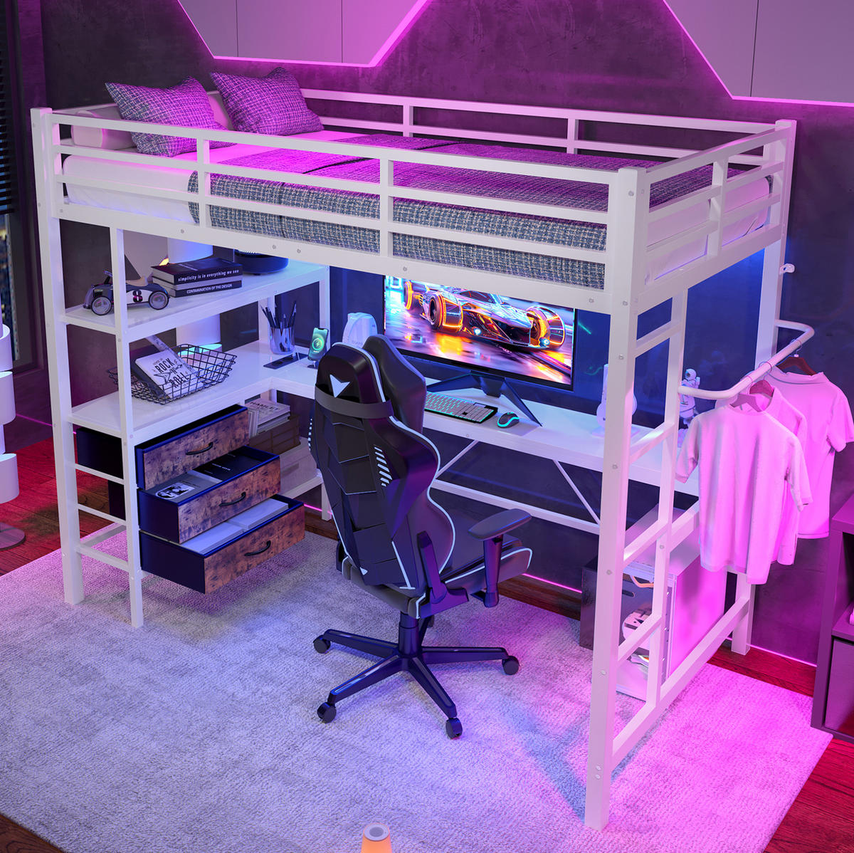 HOCHBETT 90/200 cm aus Metall/MDF mit Schreibtisch und LED-Beleuchtung Weiß - Weiß, Metall (90/200cm) - Modenvie