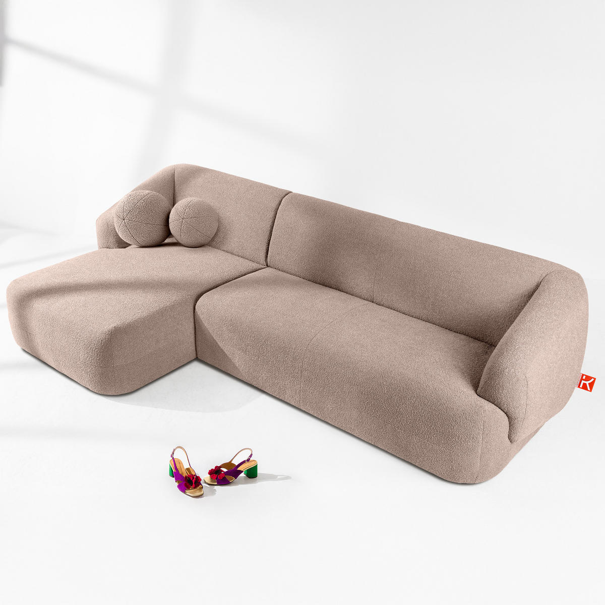 ECKSOFA LINKS VIRA, Rosa, Bouclé - Pink/Schwarz, Holz/Holzwerkstoff (300/160cm) - KONSIMO®