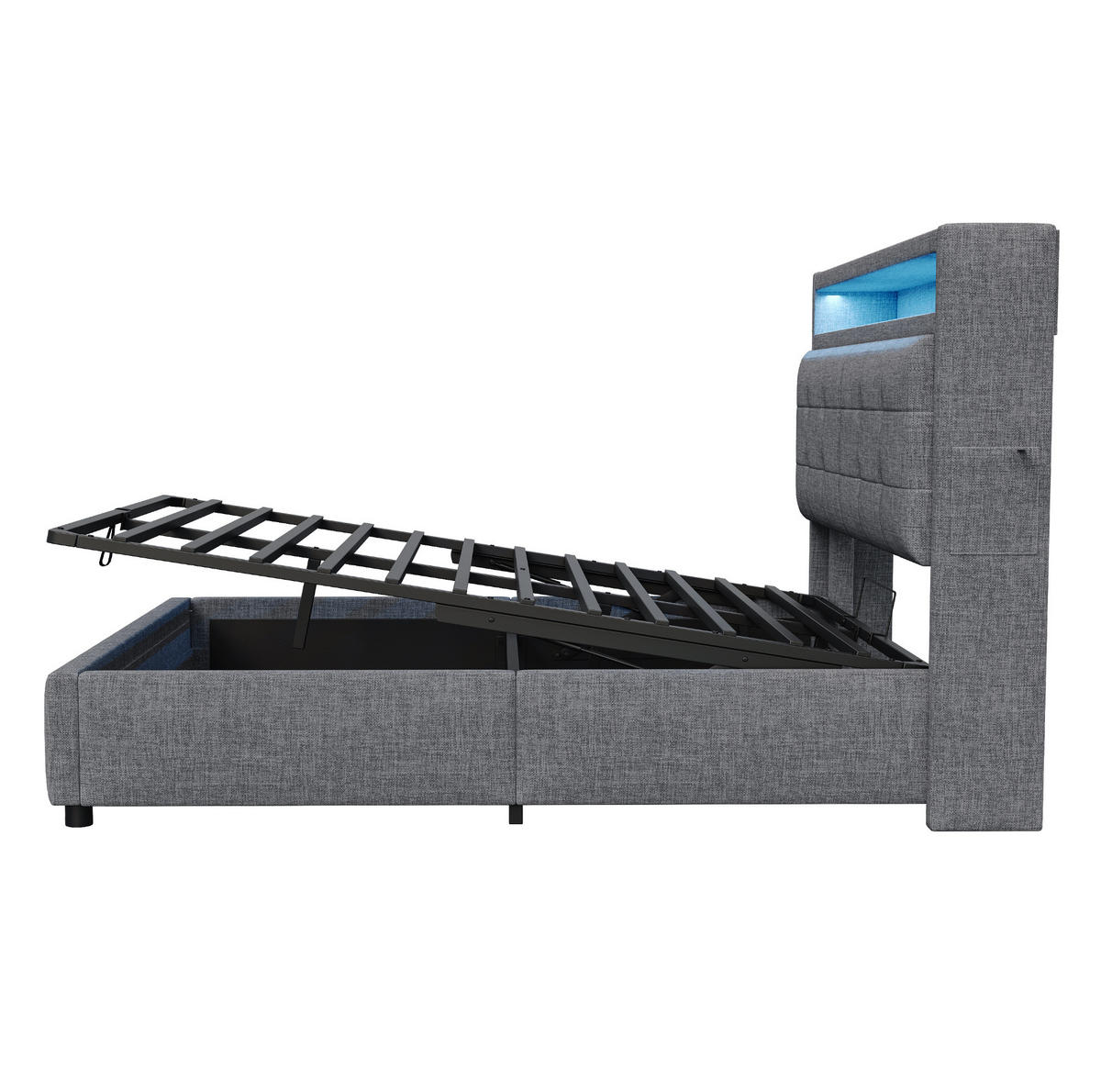 POLSTERBETT mit LED, USB und Stauraum 160x200 cm Leinenstoff Grau - Grau, Metall (160/200cm) - Meubliv