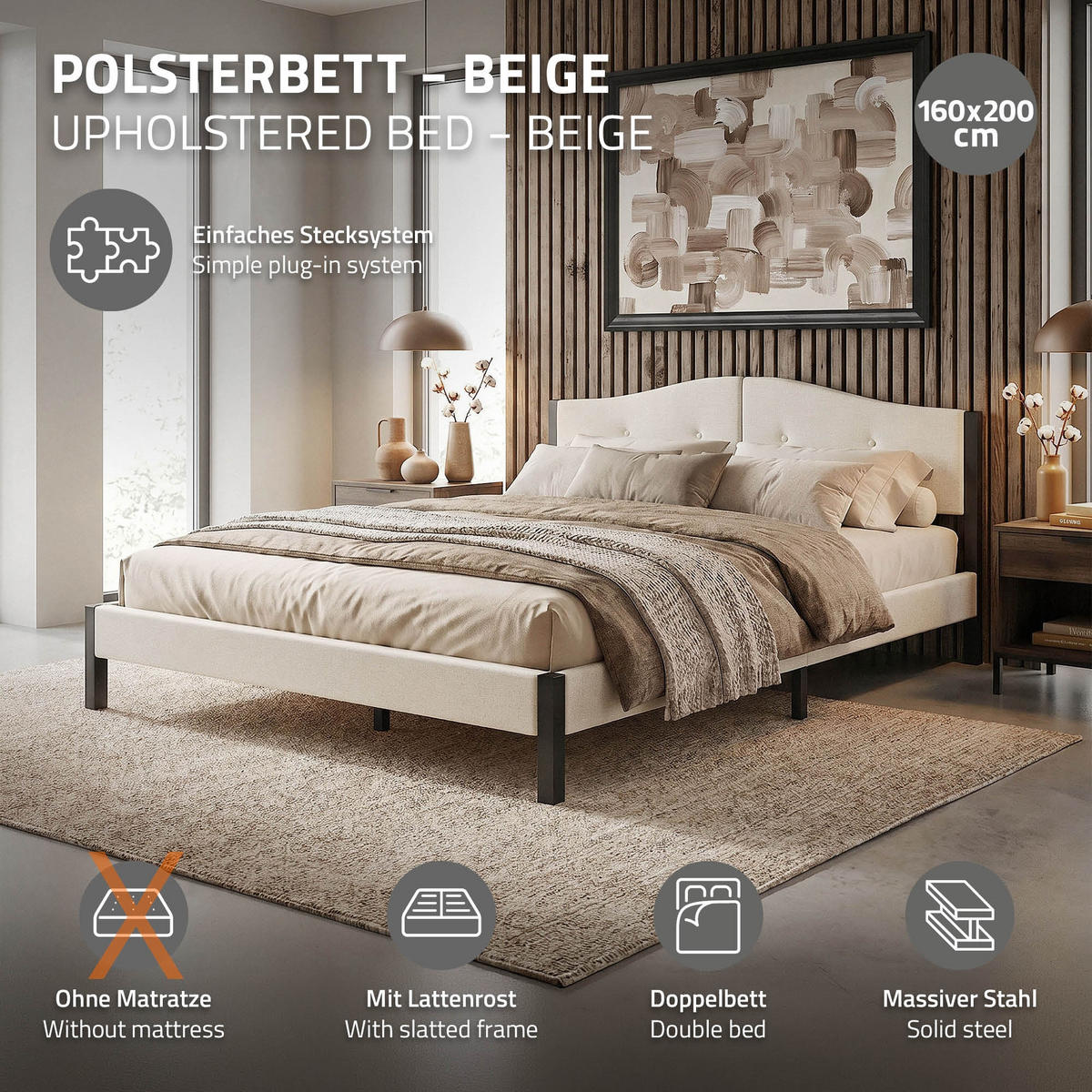 ČALOUNĚNÁ POSTEL 160x200 cm béžová s roštem a lněnou látkou - béžová, kompozitní dřevo/textil (160/200cm) - ML-DESIGN
