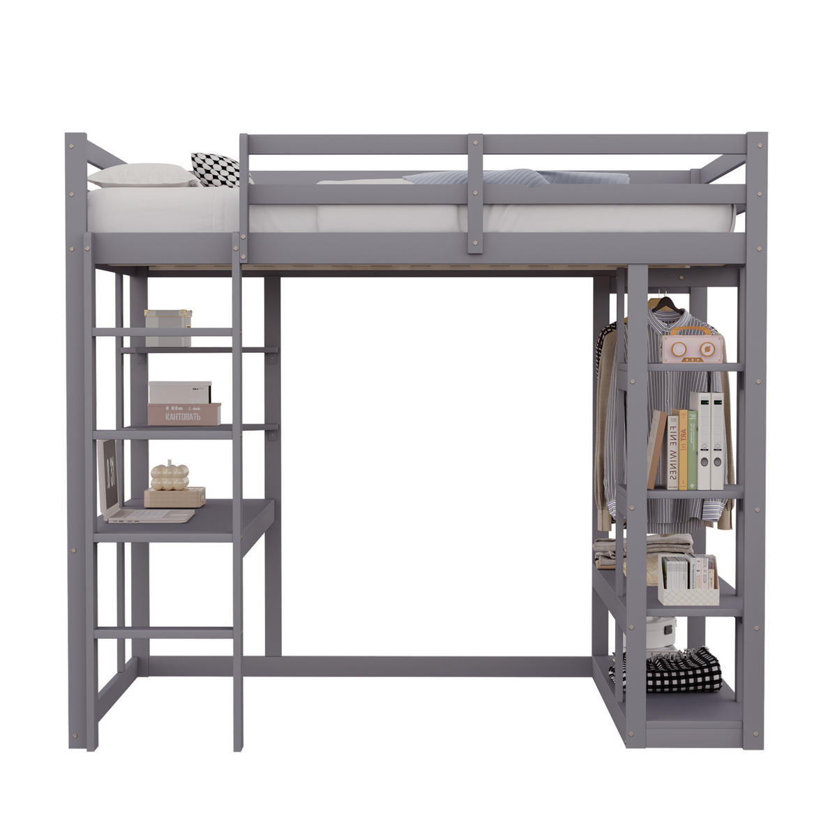 HOCHBETT 140/200 cm Grau mit Schreibtisch und Stauraum aus Massivholz - Grau, Holz (140/200cm) - Flora Grace