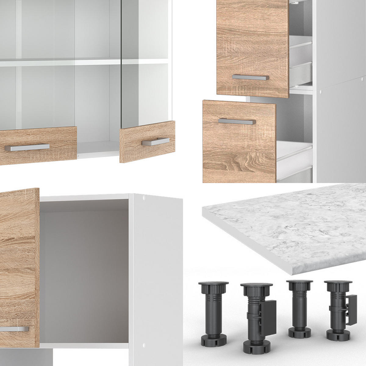 KÜCHENZEILE R-Line Sonoma/Weiß 350 cm mit Hochschrank, AP Anthrazit - Weiß/Sonoma Eiche, Holzwerkstoff (350/81.6/60cm) - Vicco