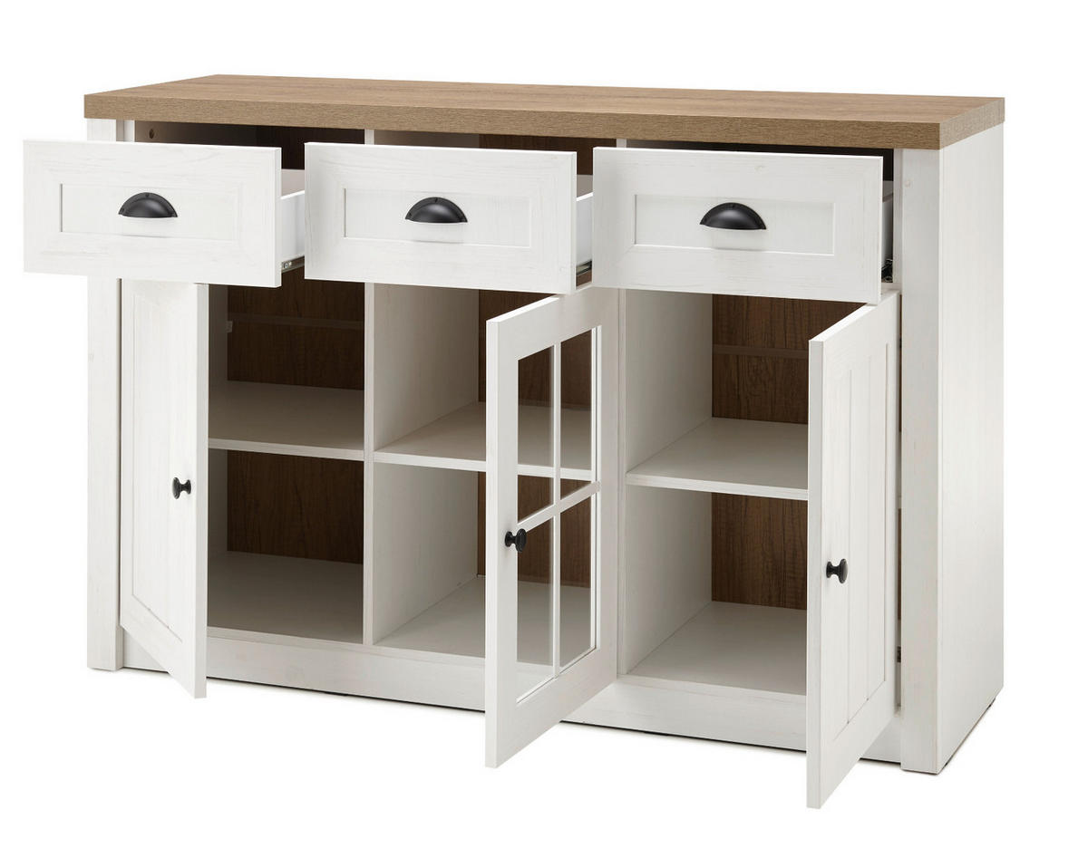 SIDEBOARD weiß Pinie, Eiche hell Landhaus, Kommode 130 x 86 cm - Eichefarben/Schwarz, Holzwerkstoff/Metall (130/86/43cm) - Furn.Design