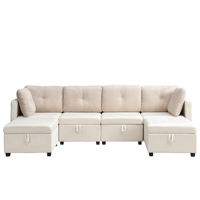 WOHNLANDSCHAFT Samt und Cord Beige mit Stauraum - Beige, Holzwerkstoff/Kunststoff (261/85/132.5cm) - WISHDOR