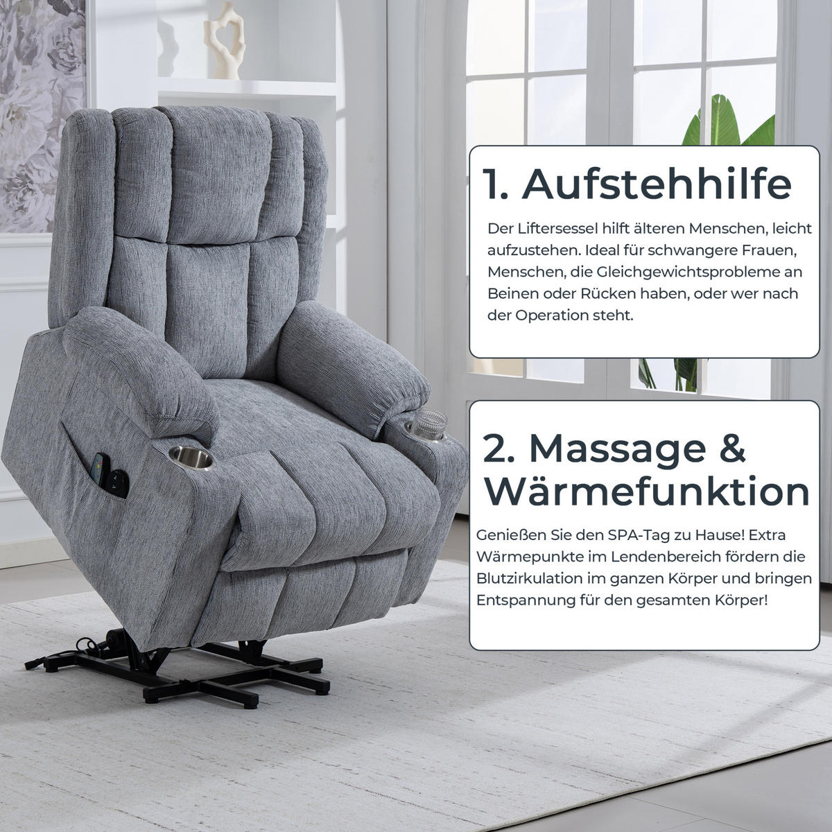 RELAXSESSEL in Hellgrau mit Aufstehhilfe, Massagefunktion und Wärmefunktion,84/91/106 cm - Hellgrau, Textil (84/106/91cm) - Flora Grace