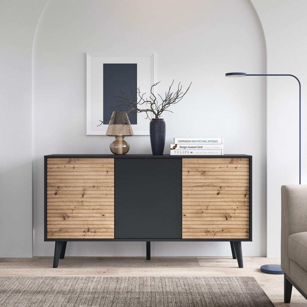 KOMMODE CONE K154 - Eichefarben/Schwarz, Holzwerkstoff (154/83/39cm) - Lookway