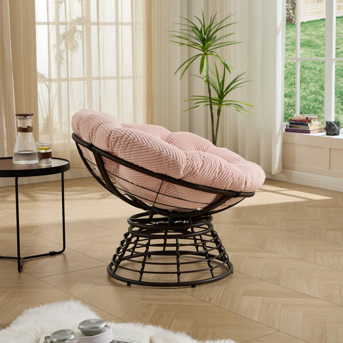 GARTEN-RELAXSESSEL Papasansessel, 360° drehbar,Rattan, Cord, Rosa - Rosa, Textil (60/67/92cm) - LVHOM