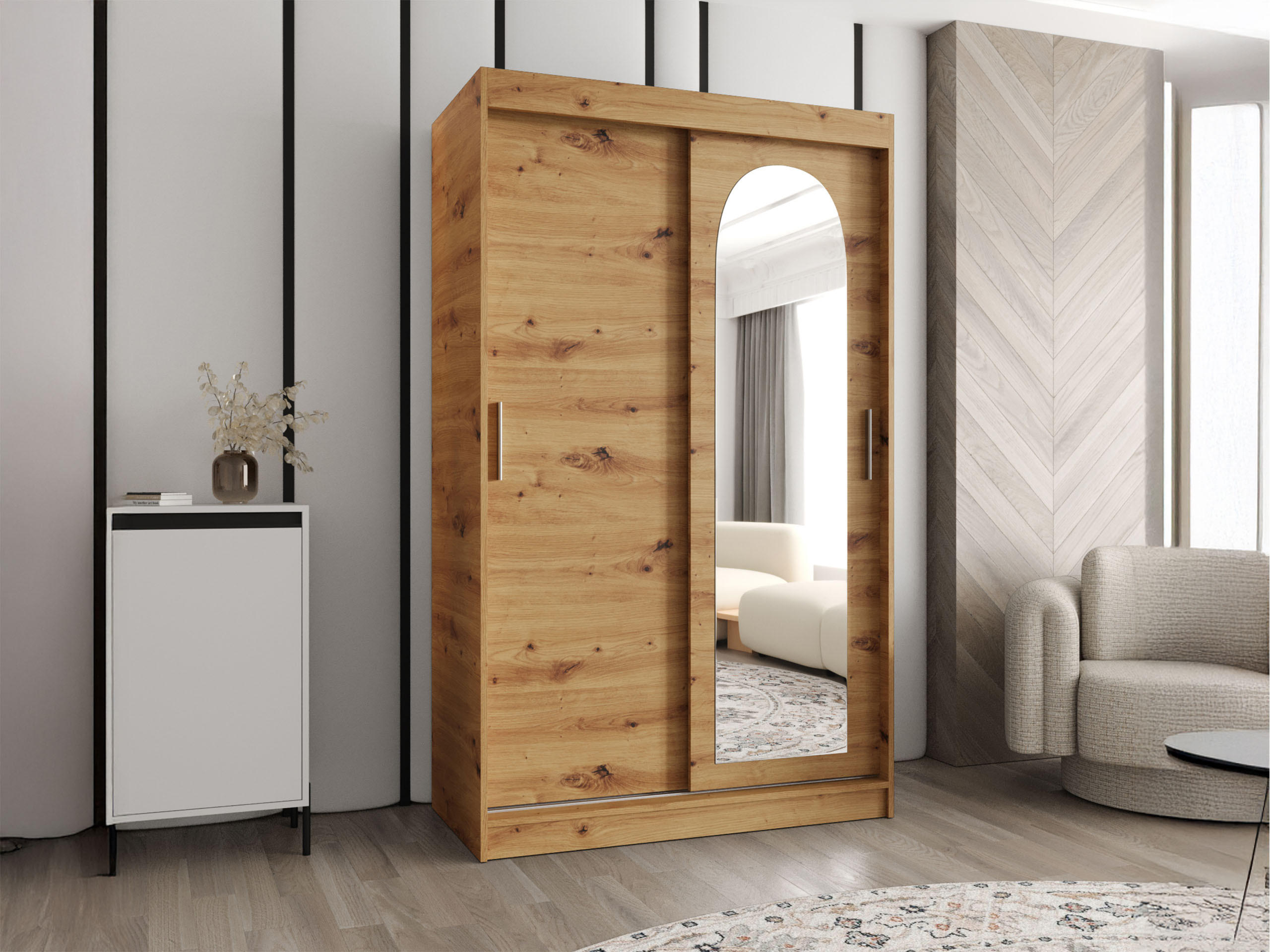 SCHWEBETÜRENSCHRANK Selfie 120 cm mit Schubladen - Silberfarben/Eiche Artisan, Holzwerkstoff/Kunststoff (120/200/62cm) - MIRJAN24