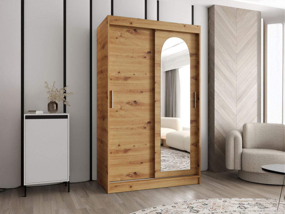 SCHWEBETÜRENSCHRANK Selfie 120 cm - Silberfarben/Eiche Artisan, Holzwerkstoff/Kunststoff (120/200/62cm) - MIRJAN24