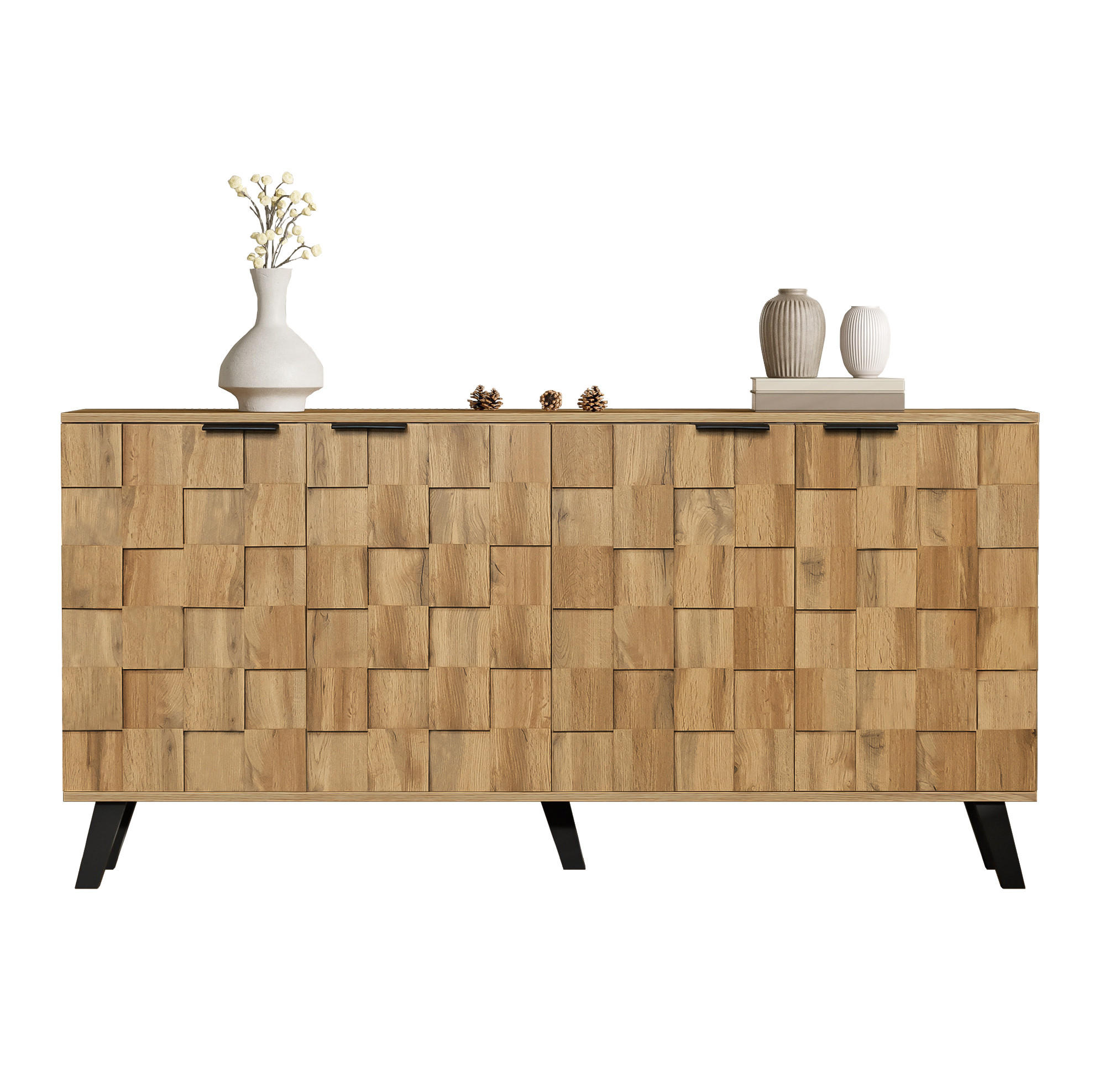 SIDEBOARD mit 4 Türen, Holzoptik mit geometrischem Muster und schwarzen Beinen, 160,5/35,5/78 cm, Naturfarben - Naturfarben, Holzwerkstoff (160/78/35.5cm) - Redom