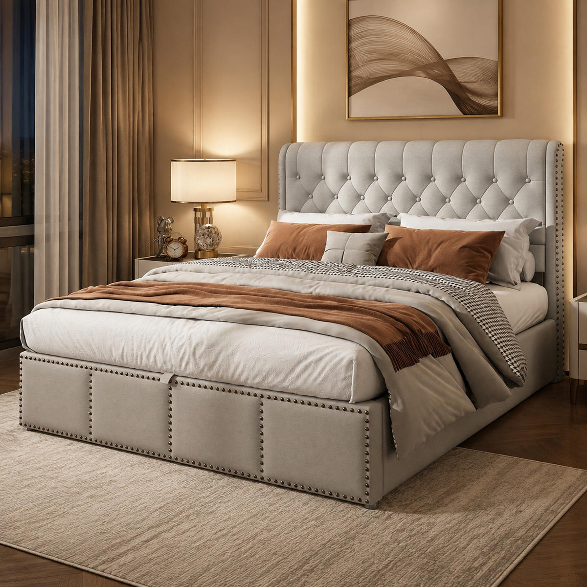 POLSTERBETT 140/200 cm in Grau Leinen mit Bettkasten und Nieten - Hellgrau, Holzwerkstoff/Textil (140/200cm) - CHICFURN