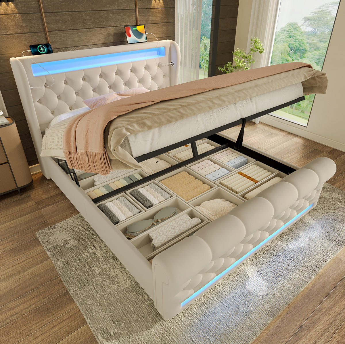 POLSTERBETT mit LED und Stauraum 160x200 cm Samt Beige - Beige, Metall (160/200cm) - Meubliv
