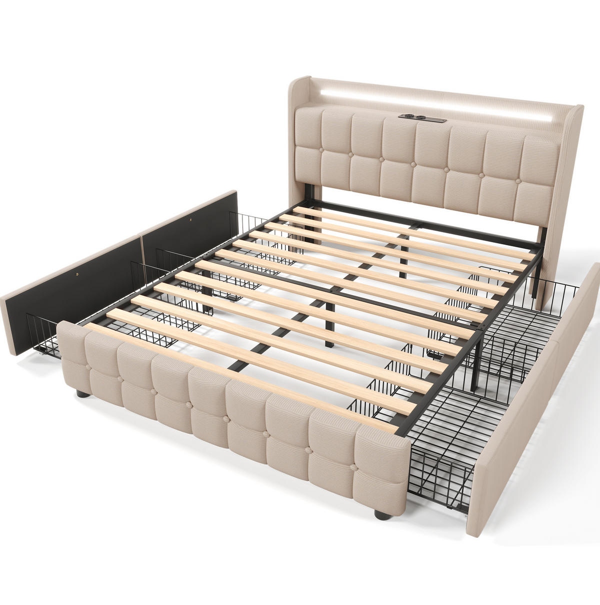 POLSTERBETT 140/200 cm mit LED-Beleuchtung, USB und 4 Schubladen in Beige - Beige, Holz (140/200cm) - BEAOK