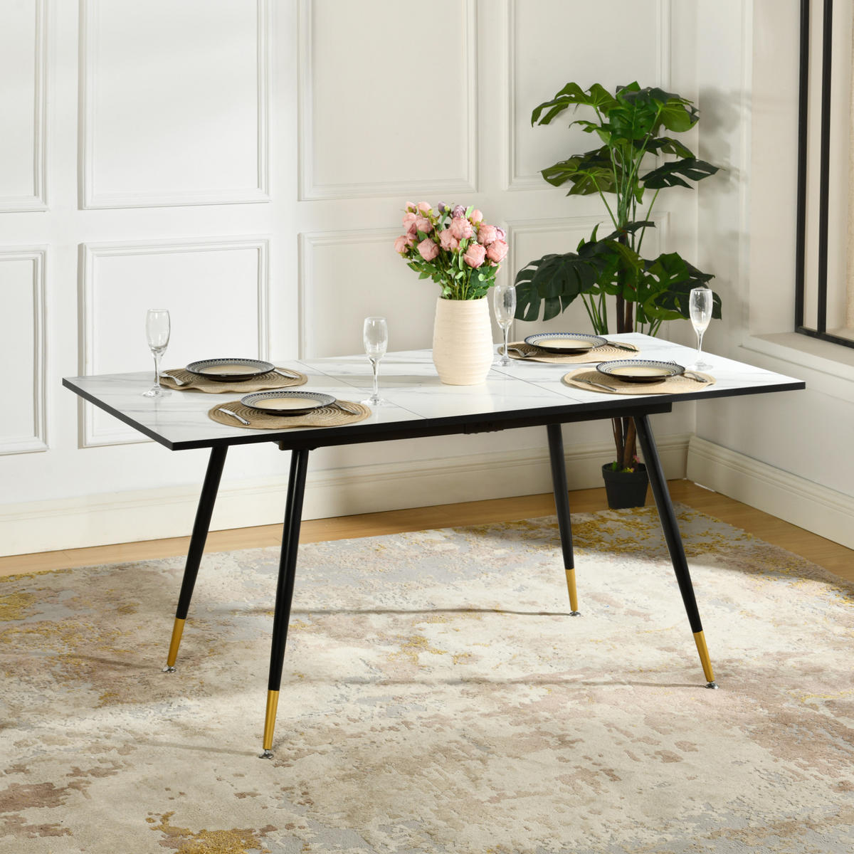 ESSTISCH Weiß Marmormuster rechteckig ausziehbar 120-160/80/75cm - Goldfarben/Schwarz, Holz/Metall (80/120/75cm) - Urban Meuble
