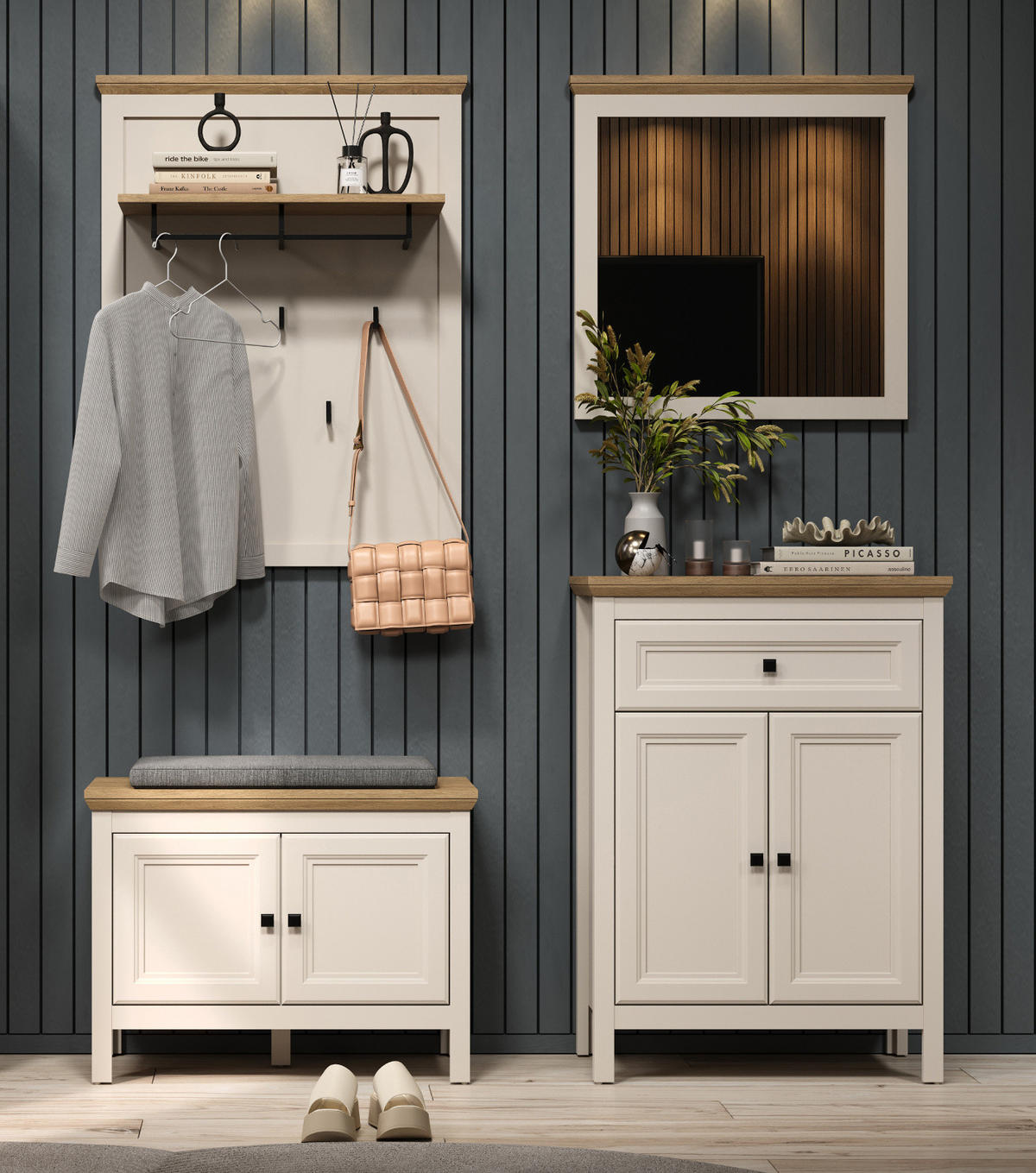 GARDEROBENPANEEL Kaschmir, Stein Eiche Landhaus 76 x 100 cm, Wandgarderobe mit Kleiderstange - Kaschmir/Eichefarben, Holzwerkstoff (76/100/26cm) - Top.Furn