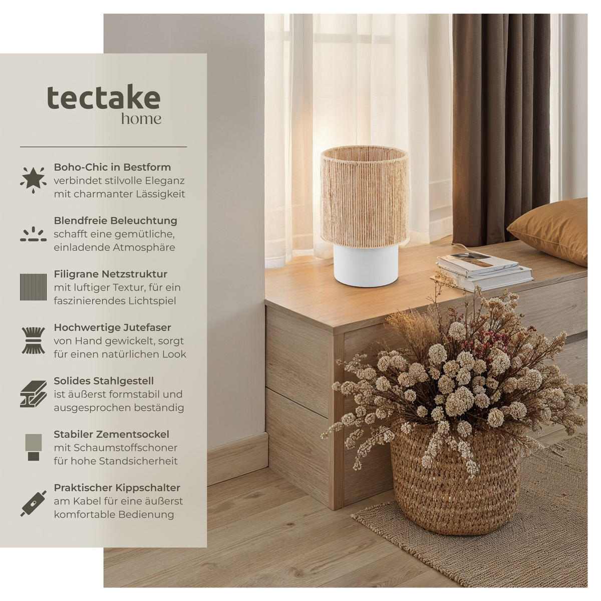 TISCHLEUCHTE Klea aus Jute, Zementfuß mit Schaumstoffschoner, 20,5 x 30,5 cm, natur - Naturfarben, Metall (20.5/20.5/30.5cm) - tectake