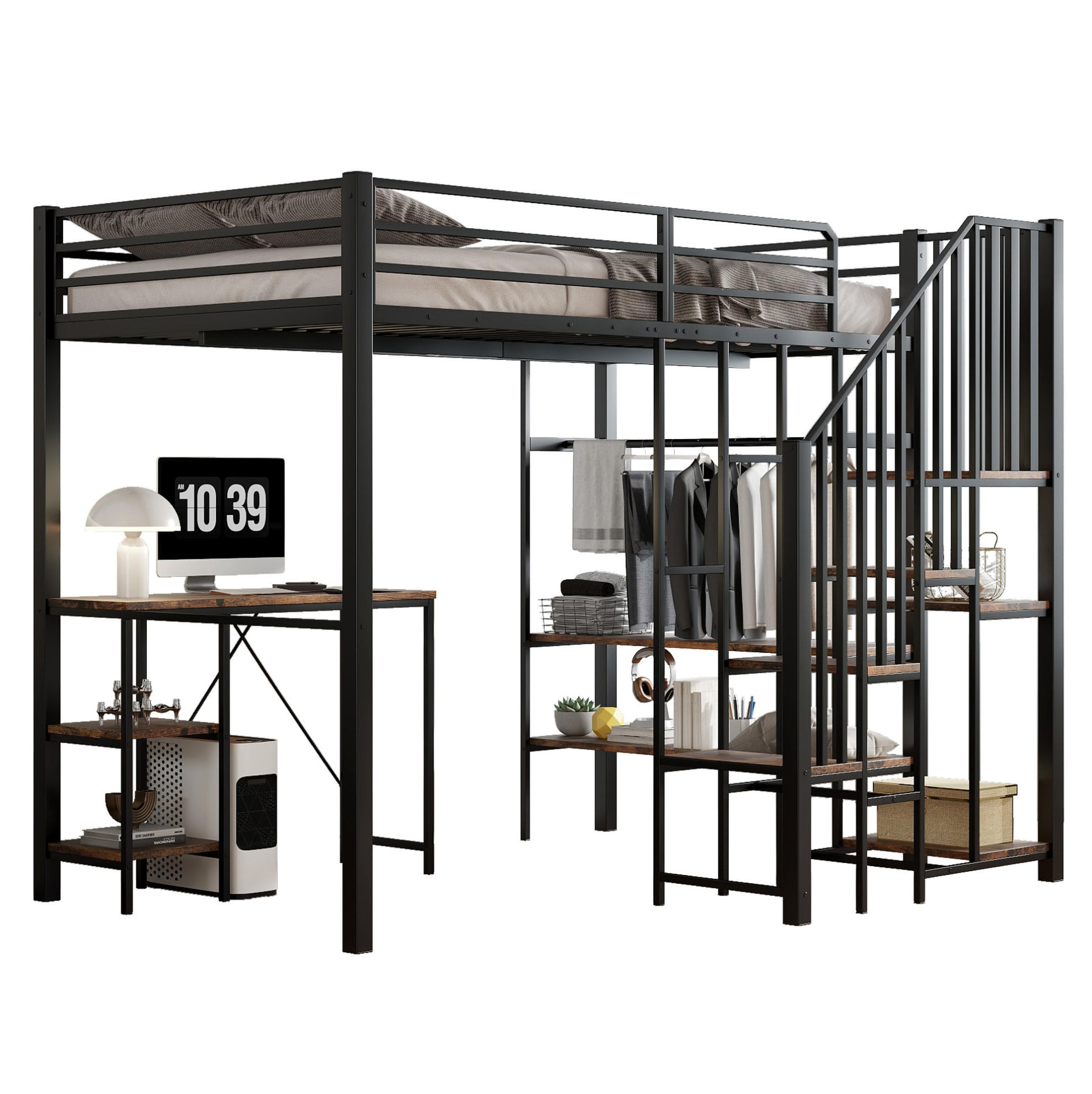 HOCHBETT 120/200 cm aus Metall und MDF mit Schreibtisch und offenem Kleiderschrank Schwarz - Schwarz, Holzwerkstoff (120/200cm) - Modenvie