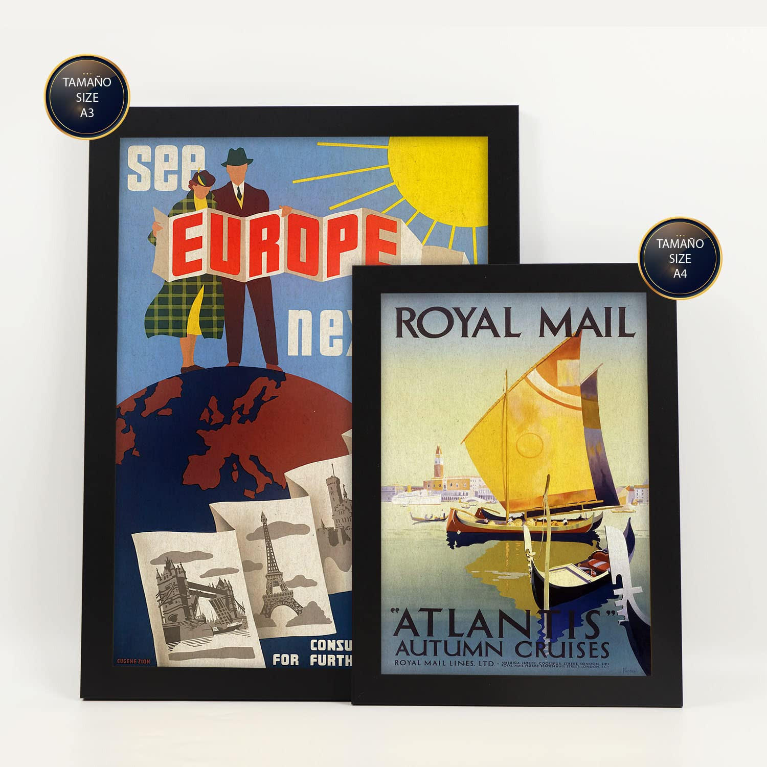 POSTER Set Mit 6 Europa Vollfarbige Illustrationen Von Vintage Tourismus Werbetafeln Aus Der Ganzen Welt Innenarchitektur A3 & A4 Schwarzer Rahmen - Schwarz, Papier (29/3cm) - Nacnic