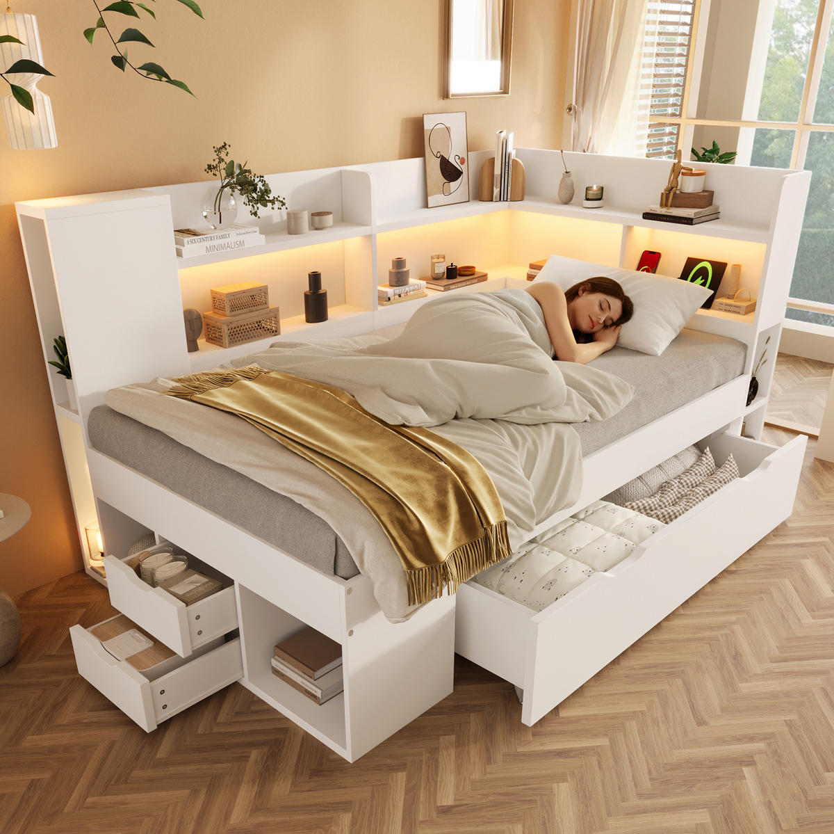 ČALÚNENÁ posteľ z dreveného materiálu 90/190 cm biela s LED osvetlením, USB a úložným priestorom - biela, textil (90/190cm) - BEAOK