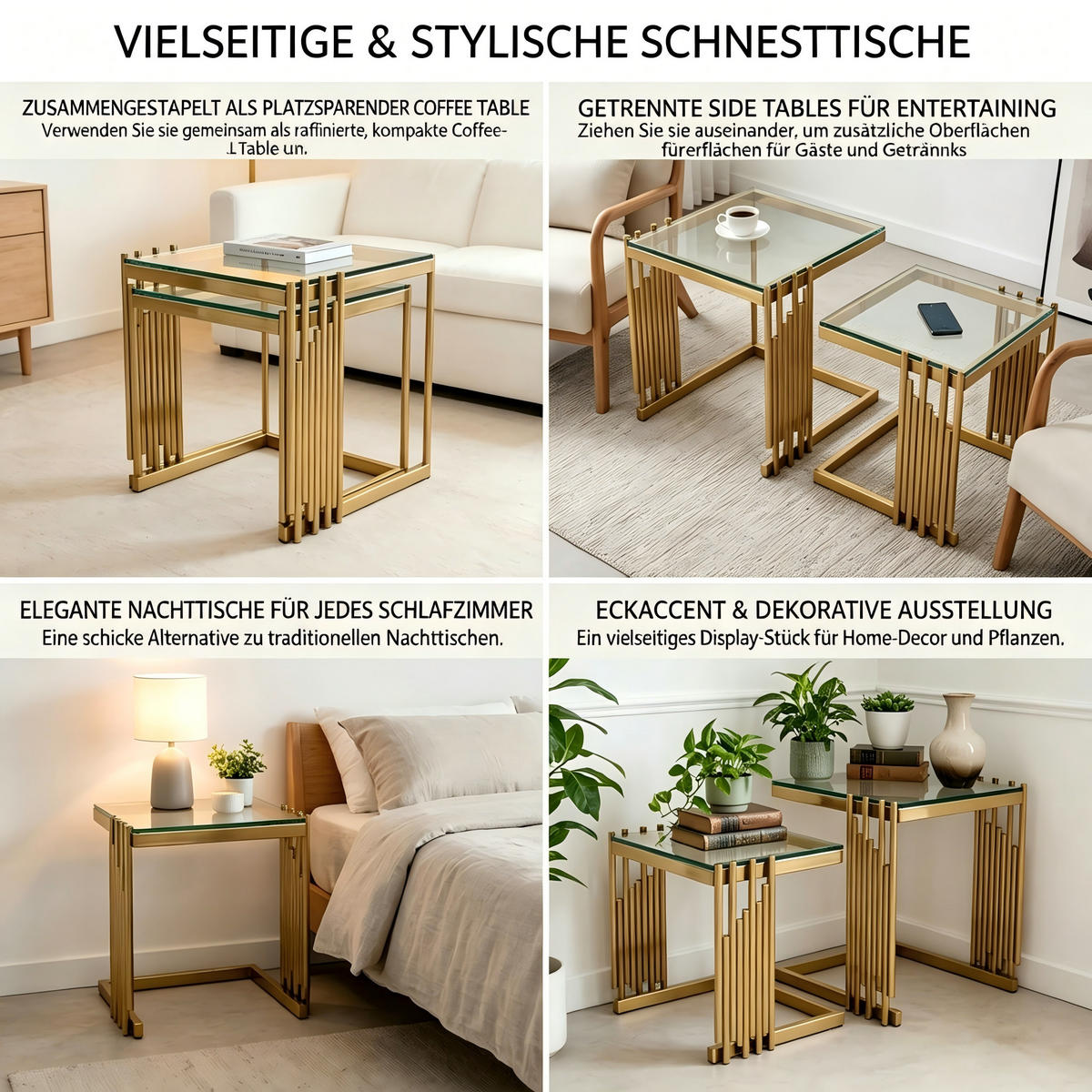 COUCHTISCH mit gehärteter Glasplatte Metallgestell zweiteilig modern Transparent Standardgröße - Goldfarben, Glas/Holzwerkstoff (41/41/46cm) - EVRYAE