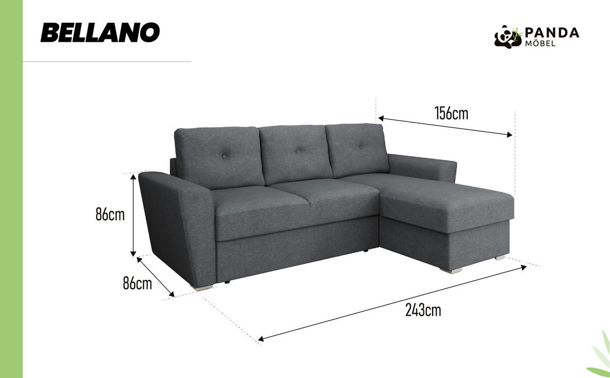 ECKSOFA Bellano Ecksofa L-Form - links oder rechts montierbar, dunkelgrau - Dunkelgrau, Holz (243/156cm) - Panda Möbel
