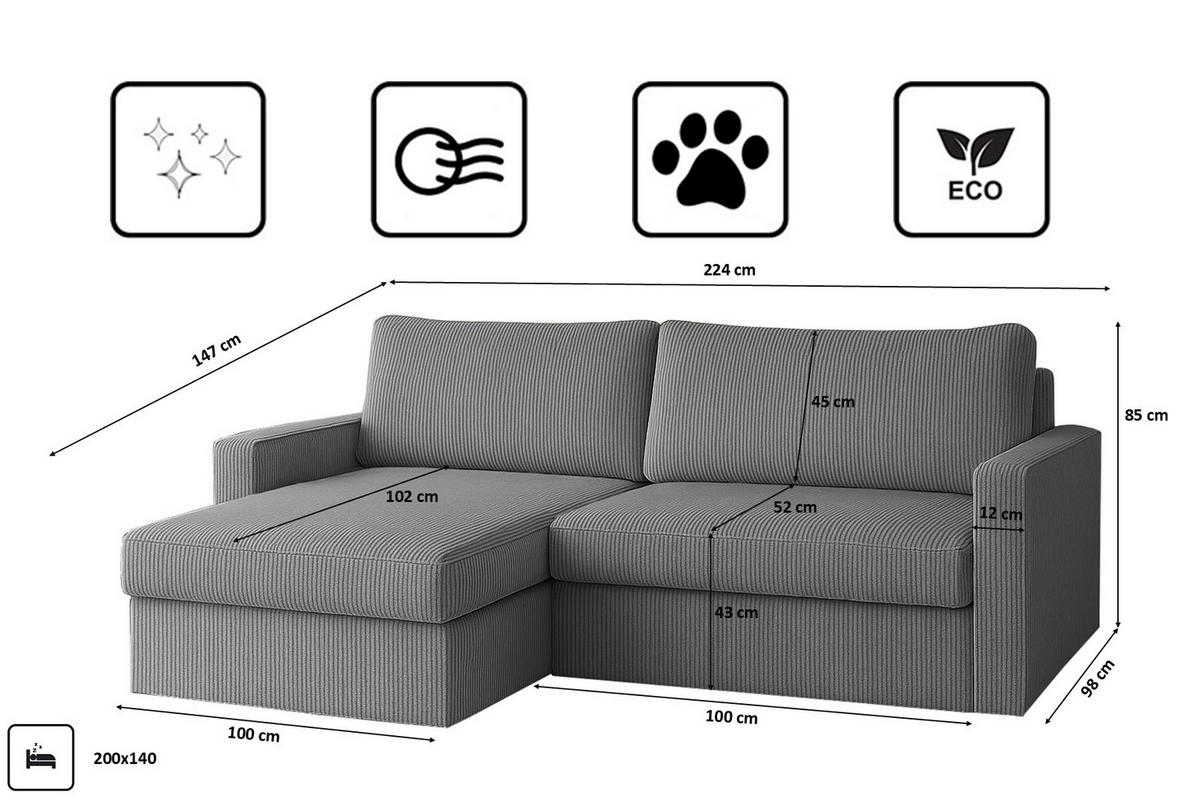 ECKSOFA Mit Schlaffunktion Und Bettzeugablage LUBEKA Stoff Poso Silber Links - Silberfarben, Holz/Textil (140/147cm) - Kaiser Möbel