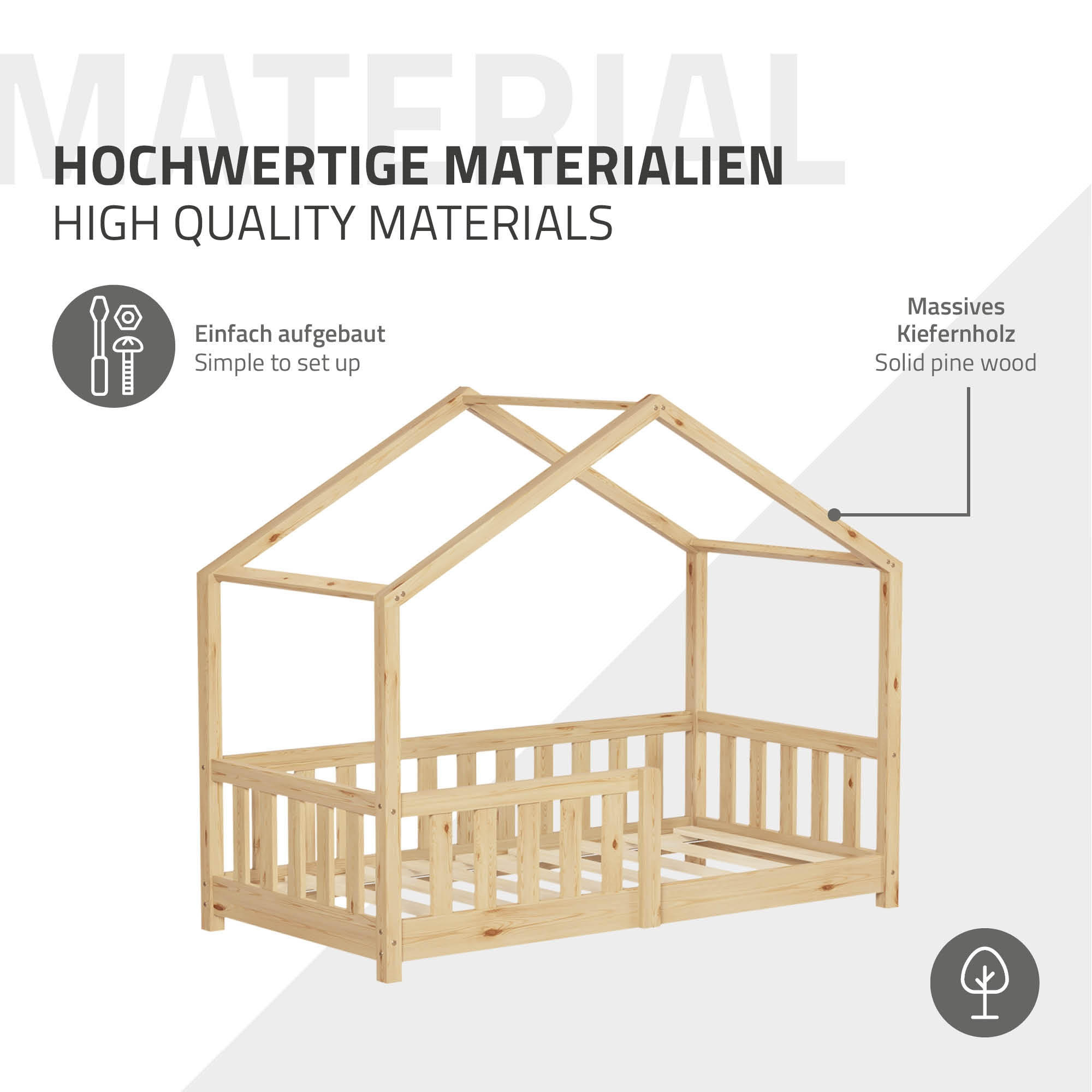 HAUSBETT mit Matratze 70x140 cm Natur aus Kiefernholz mit Rausfallschutz - Beige, Holz (70/140cm) - ML-DESIGN