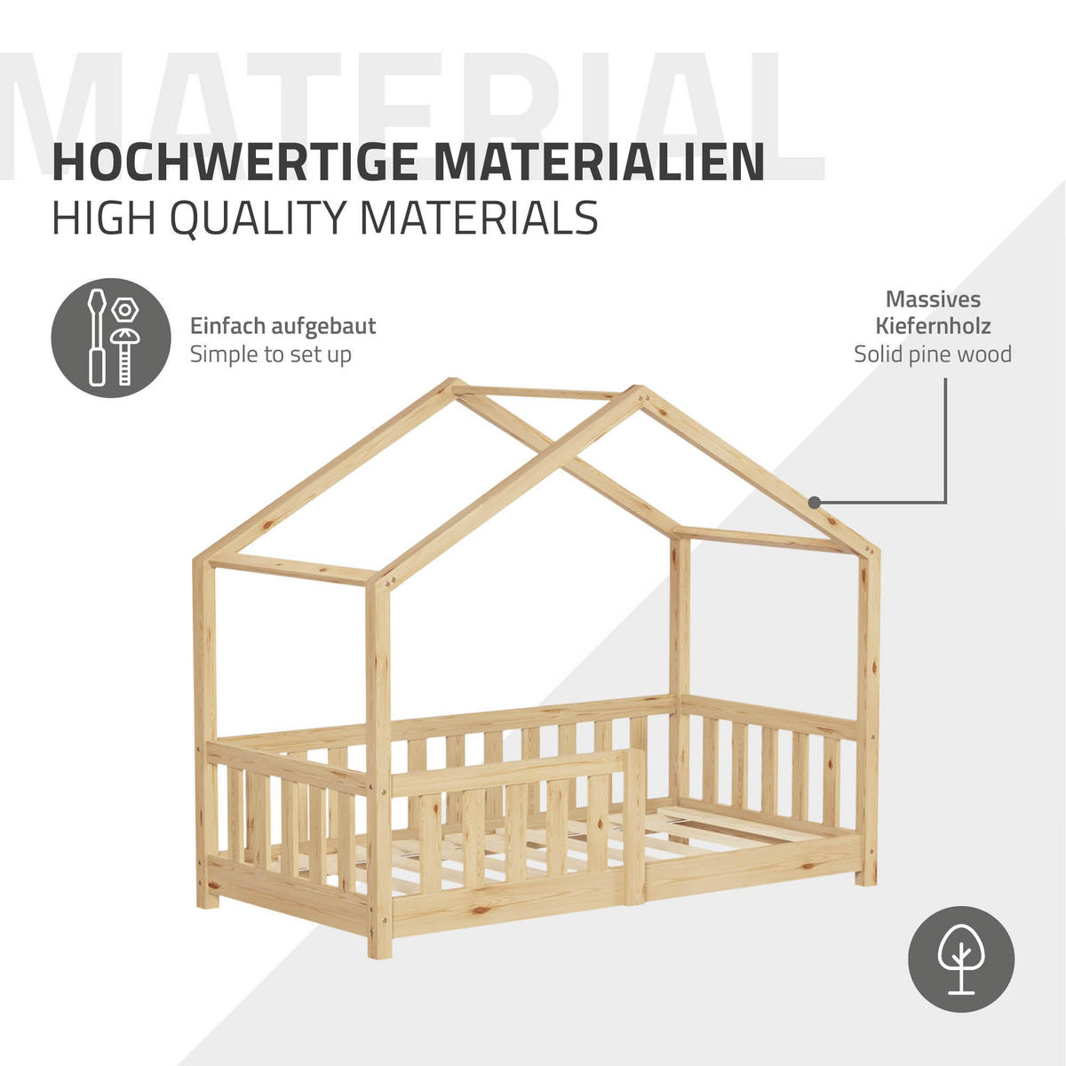 HAUSBETT 70x140 cm Natur aus Kiefernholz mit Rausfallschutz - Beige, Holz (70/140cm) - ML-DESIGN