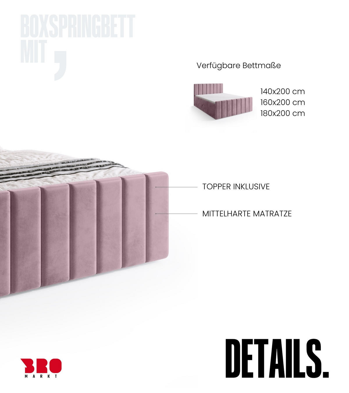 BOXSPRINGBETT Denver DUO mit Topper 160x200 Puderrosa - Rosa, Textil (160/200cm) - Bromarkt